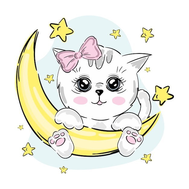 Cute cat girl vector illustration Kitten sitting on the moon stars Children39s print and poster