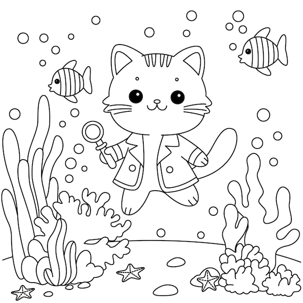 Vector the cute cat goes exploring under sea coloring page