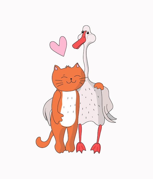 Vector cute cat and goose couple of animals and a heart funny cartoon drawing of a simple goose and pussy