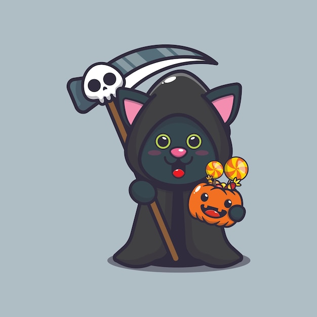 cute cat grim reaper holding halloween pumpkin cute halloween cartoon illustration