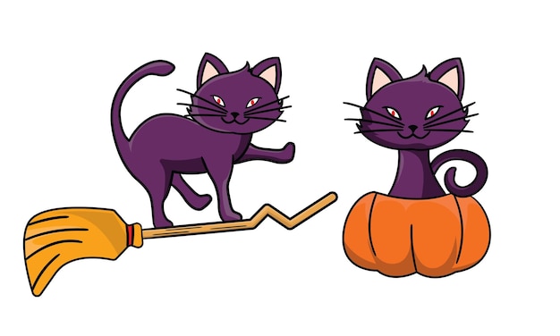 Cute Cat in Halloween Costumes Pumpkin head jack o' lantern witch broom