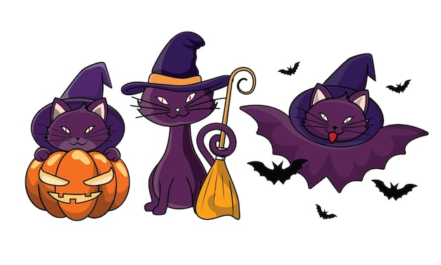 Cute Cat in Halloween Costumes Witch costume Pumpkin head bat costume Jack O' Lantern