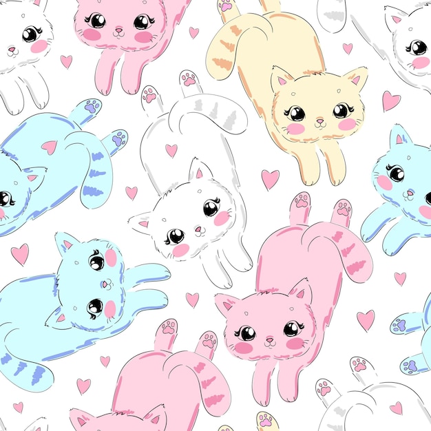 Cute cat and heart seamless pattern, print design textile Vector Illustration