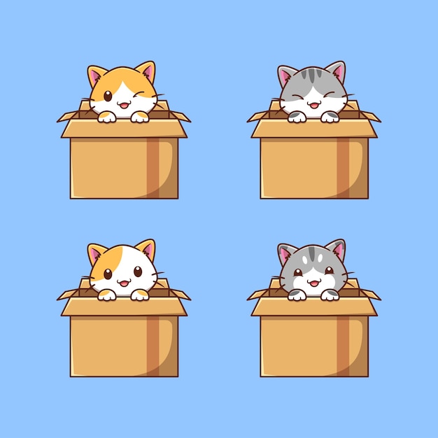 Cute cat hid in the box icon illustration