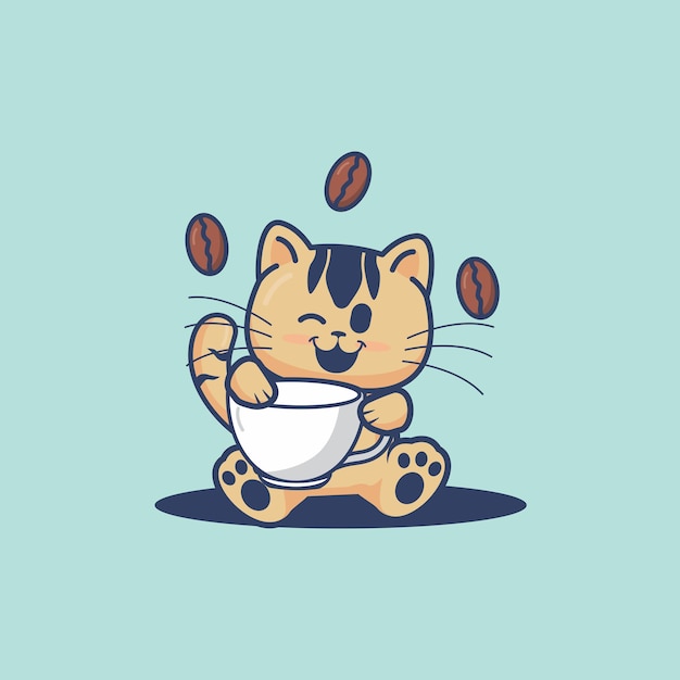 Cute cat hold a coffee cup cartoon illustration