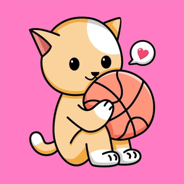 cute cat holding basketball cartoon illustration