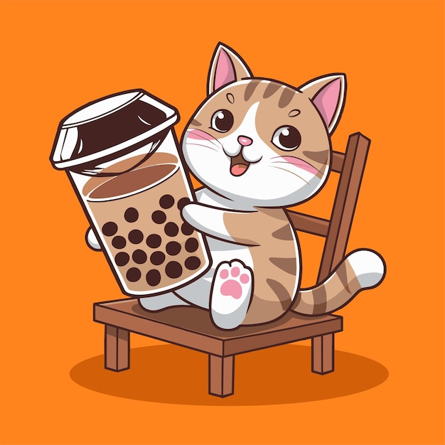 Vector cute cat holding boba tea vector art adorable kitty with bubble tea illustration