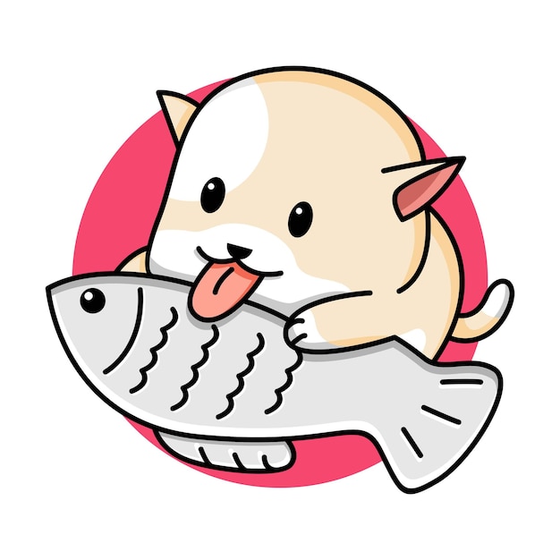 Cute cat holding fish cartoon illustration