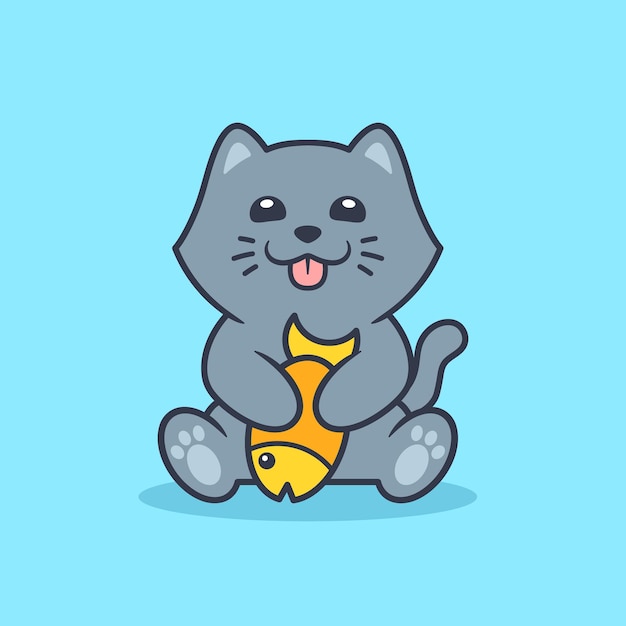 Cute Cat Holding Fish Illustration