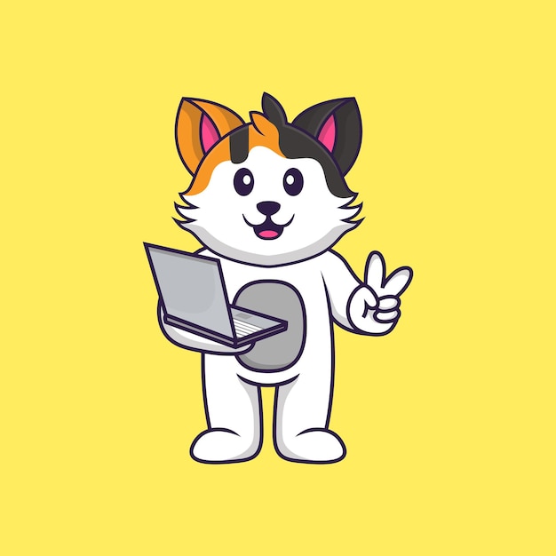 Cute cat holding laptop. Animal cartoon concept isolated. Flat Cartoon Style