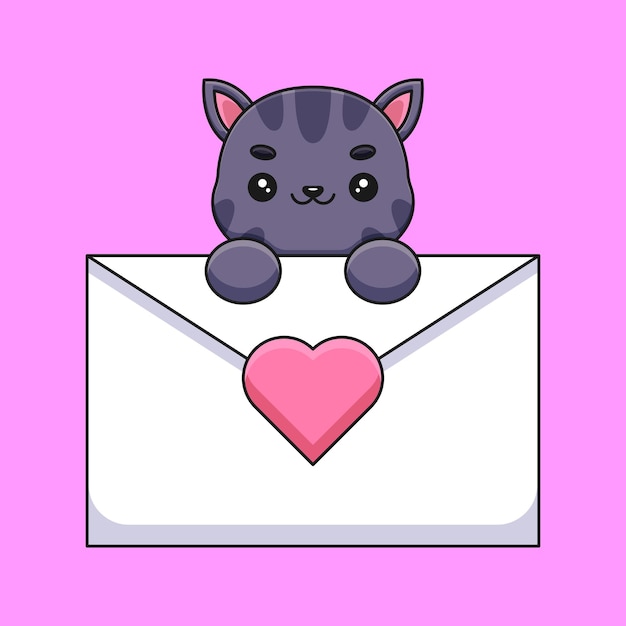 Cute cat holding a love letter cartoon mascot doodle art hand drawn outline concept vector kawaii icon illustration