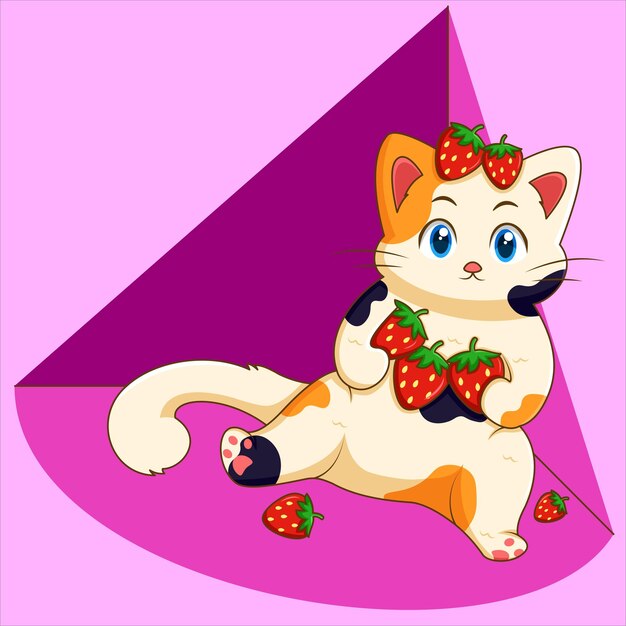 Vector cute cat holding strawberry illustration