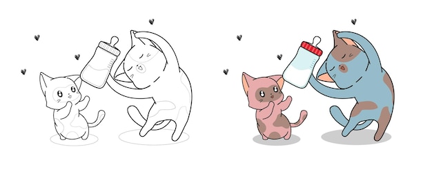 Cute cat is feeding baby cat with milk cartoon coloring page for kids