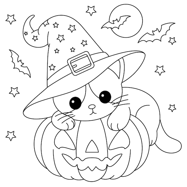 The cute cat is lying on the Halloween pumpkin coloring page