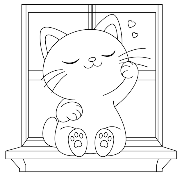 Cute cat is sitting on the window coloring page Cute character design Cartoon hand drawn style