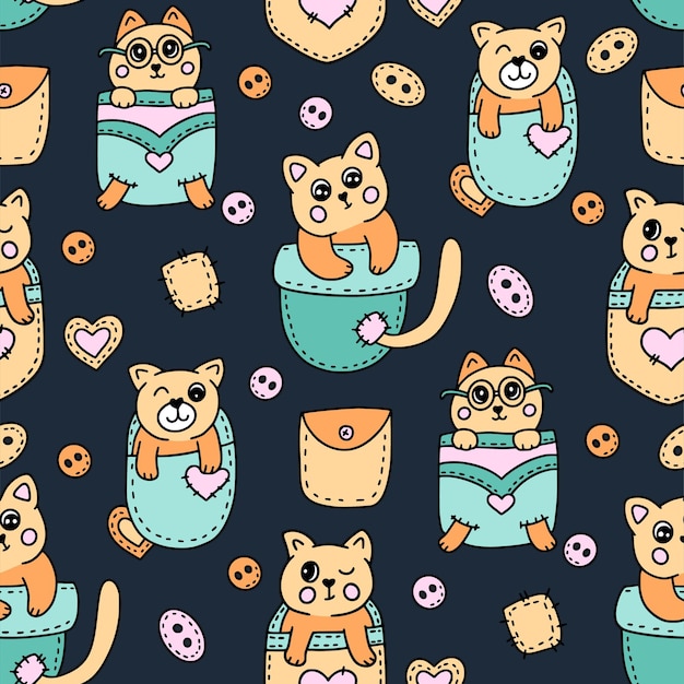 Cute cat kawaii seamless vector pattern