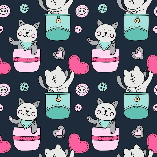 Cute cat kawaii seamless vector pattern