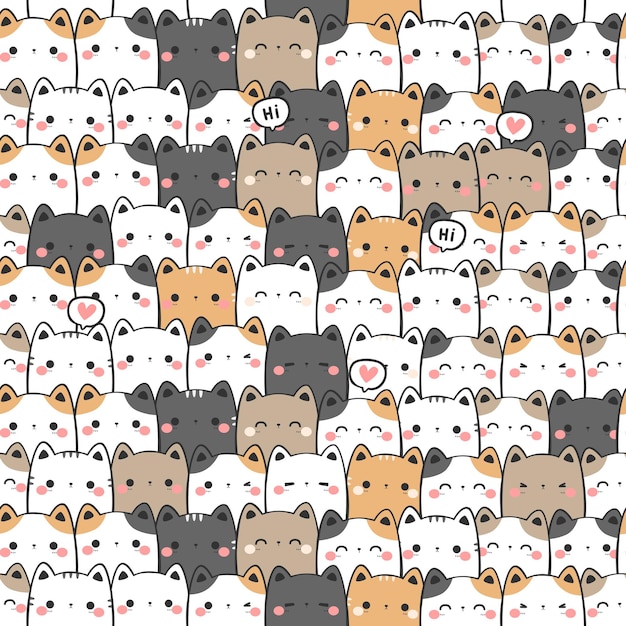 Cute cat kitty head cartoon doodle seamless pattern