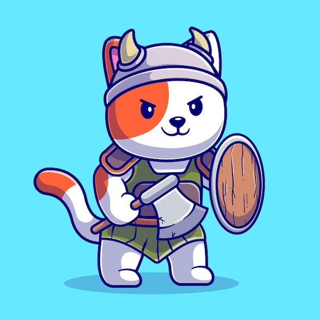 Cute Cat Knight Viking Cartoon Vector Icon Illustration. Animal Nature Icon Concept Isolated Premium Vector. Flat Cartoon Style