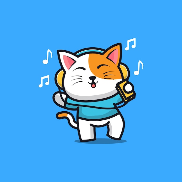 Cute cat listening to music with headphones