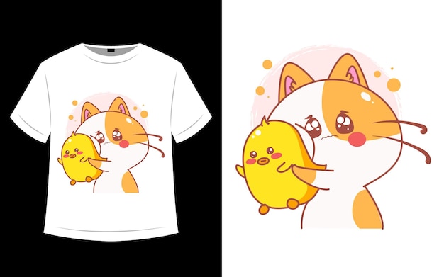 Cute cat and little duck t shirt design