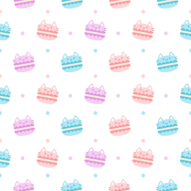 Cute cat macaron dessert seamless background repeating pattern, wallpaper background, cute seamless pattern background