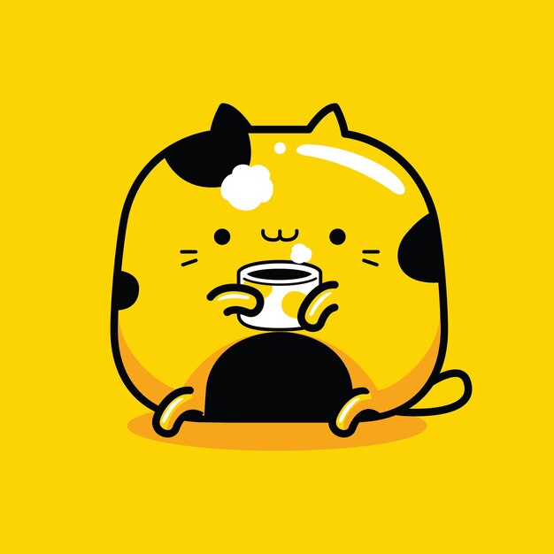 Vector cute cat mascot character drink hot coffee in flat cartoon style