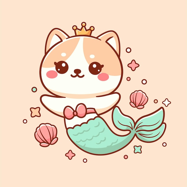 Cute cat mermaid kawaii cartoon illustration