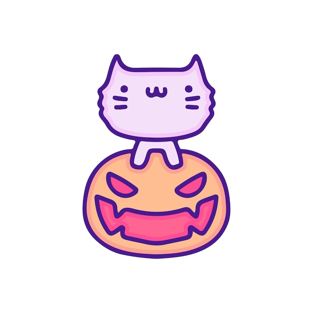 Cute cat and monster pumpkin illustration, with soft pop style and old style 90s cartoon.