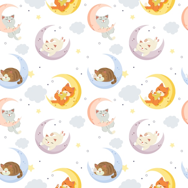 cute cat on the moon with clouds and dots pattern