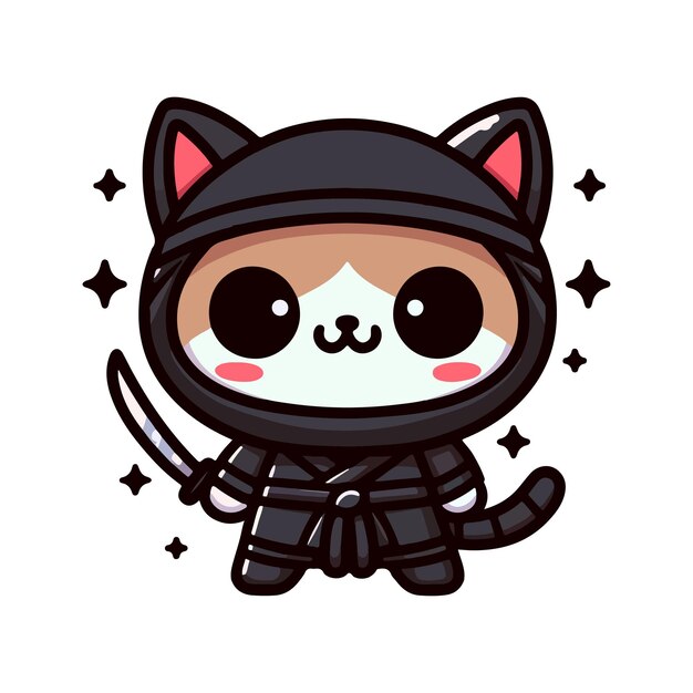 Vector cute cat ninja with sword cartoon vector icon illustration