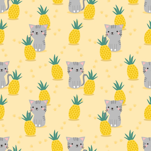 Cute cat and pineapple seamless pattern.