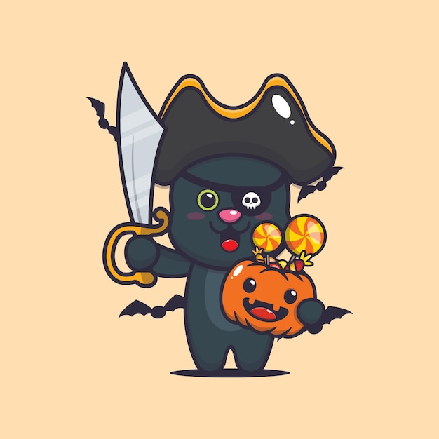 cute cat pirates with sword carrying halloween pumpkin cute halloween cartoon illustration