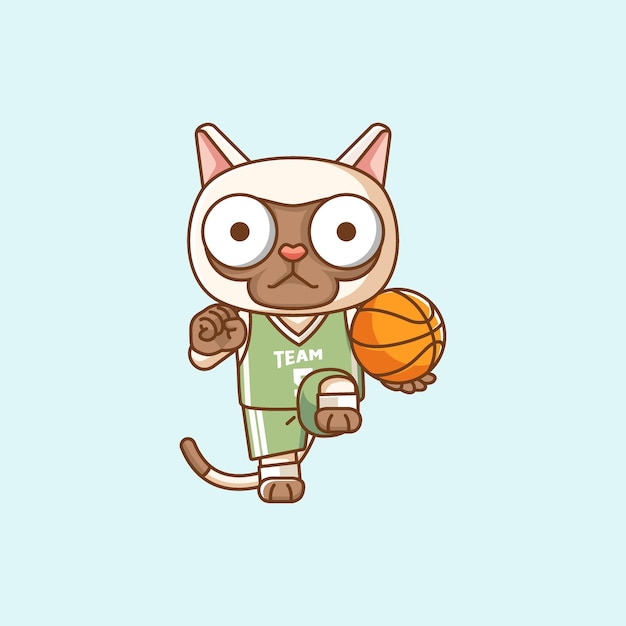 Vector cute cat player basketball play basket kawaii chibi character mascot illustration outline style