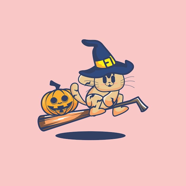 Cute cat playing witch broom