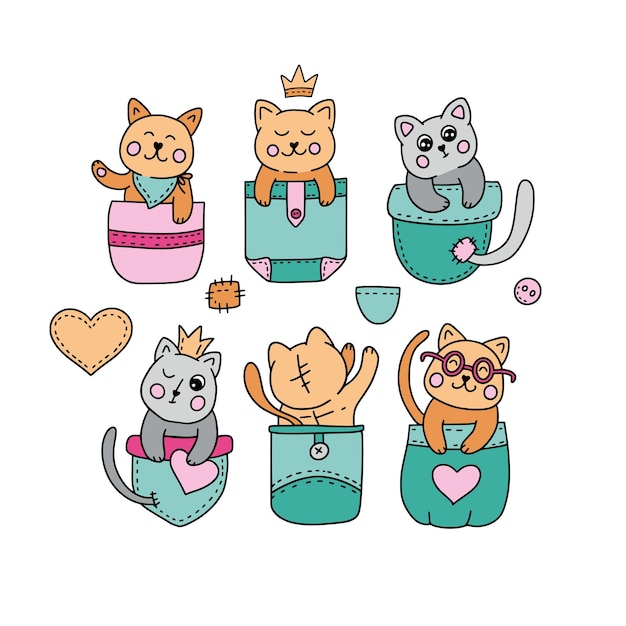 Cute cat in pocket kids illustration set