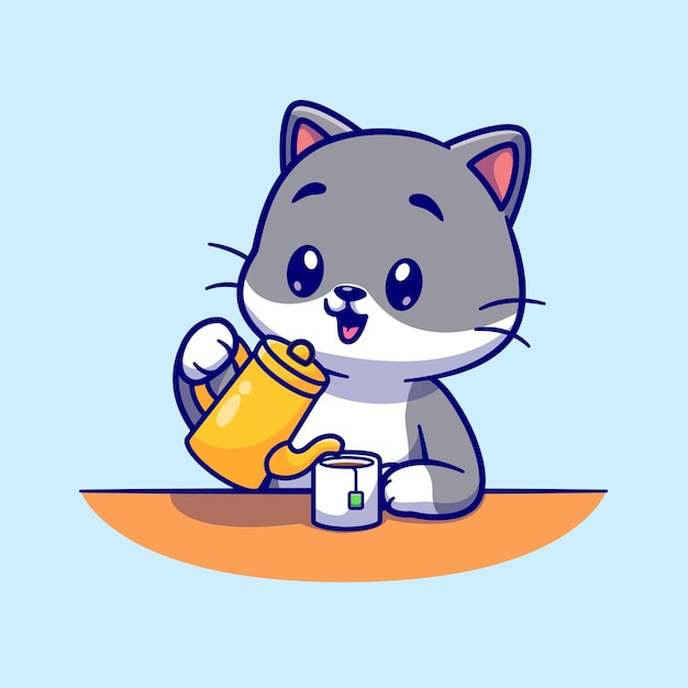 Cute Cat Pouring Tea Cartoon Vector Icon Illustration Animal Drink Icon Concept Isolated Premium