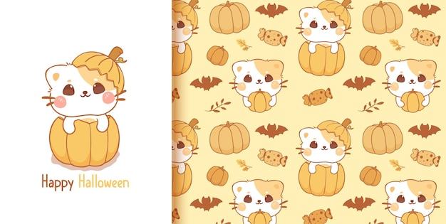 Cute cat and pumpkin happy halloween cartoon kawaii art illustration