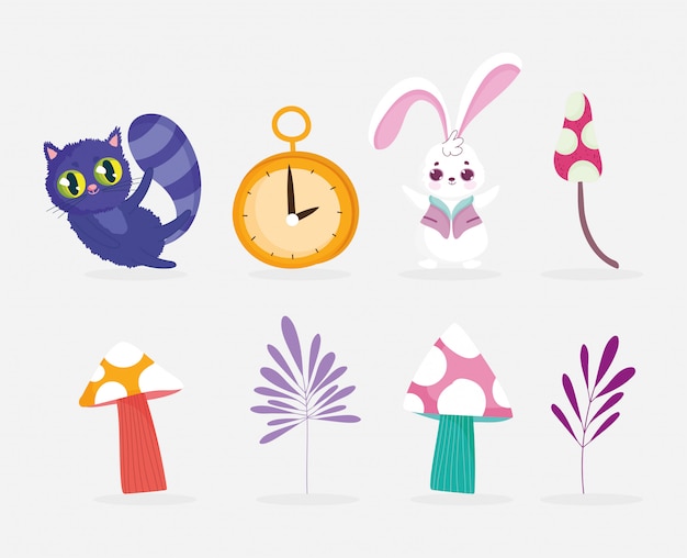 Cute cat rabbit mushroom plant leaves icons