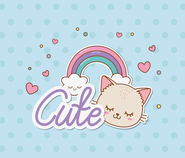 Cute cat and rainbow stickers kawaii style