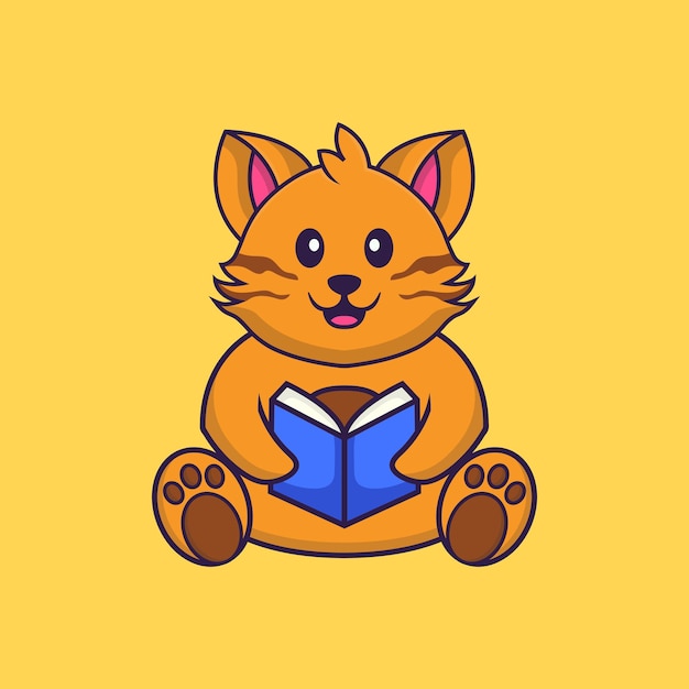 Cute cat reading a book. Animal cartoon concept isolated. Flat Cartoon Style