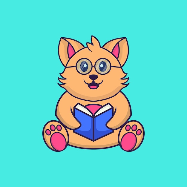 Cute cat reading a book. Animal cartoon concept isolated. Flat Cartoon Style