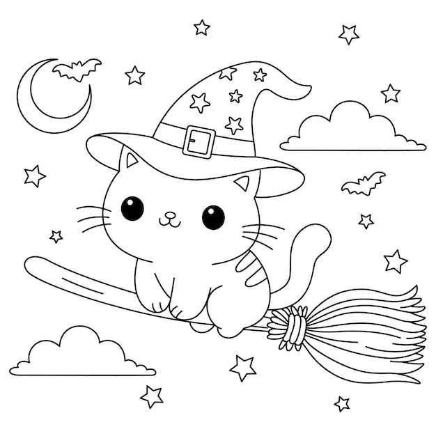 Cute cat rides a broomstick through the night sky coloring page