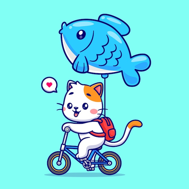 Cute Cat Riding Bicycle With Fish Balloon Cartoon Vector Icon Illustration Animal Transportation