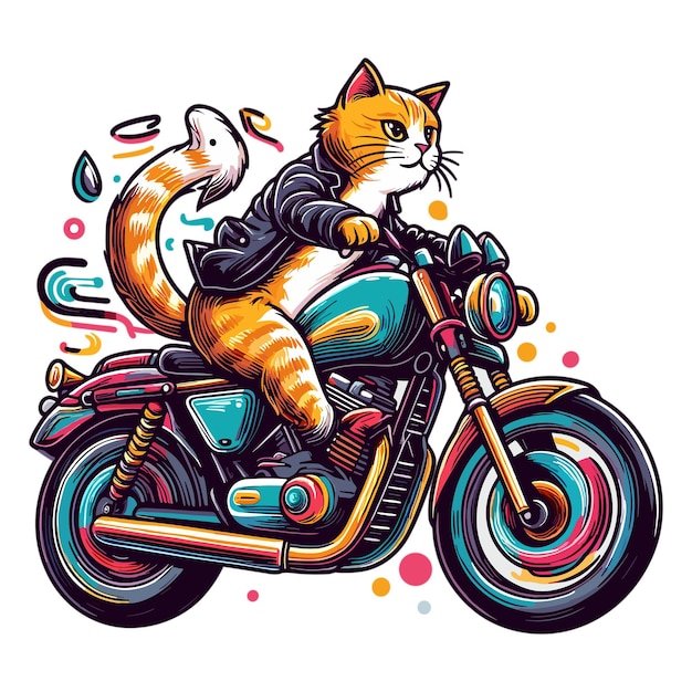 Cute cat riding motorcycle cartoon vector illustration