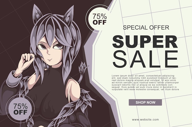 Vector cute cat sale banner with anime style