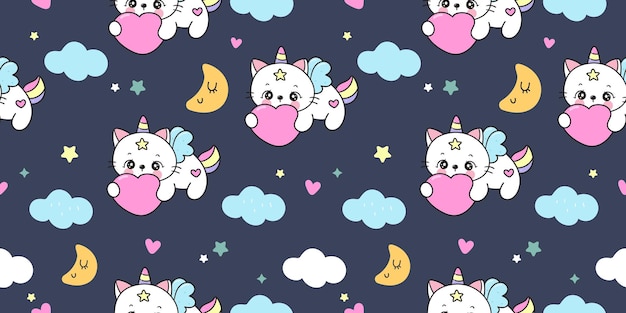 Cute cat seamless pattern on cloud