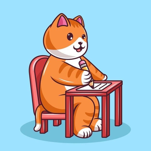 Vector cute cat sitting on a chair and writing using a pencil cartoon illustration