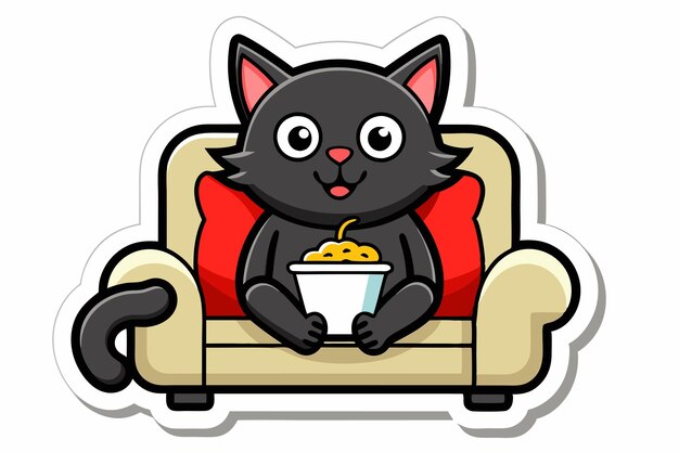 Cute cat sitting on a sofa holding a popcorn D