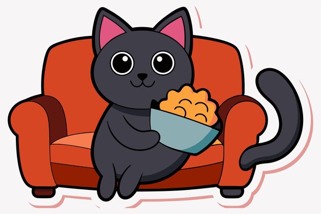 Cute cat sitting on a sofa holding a popcorn P